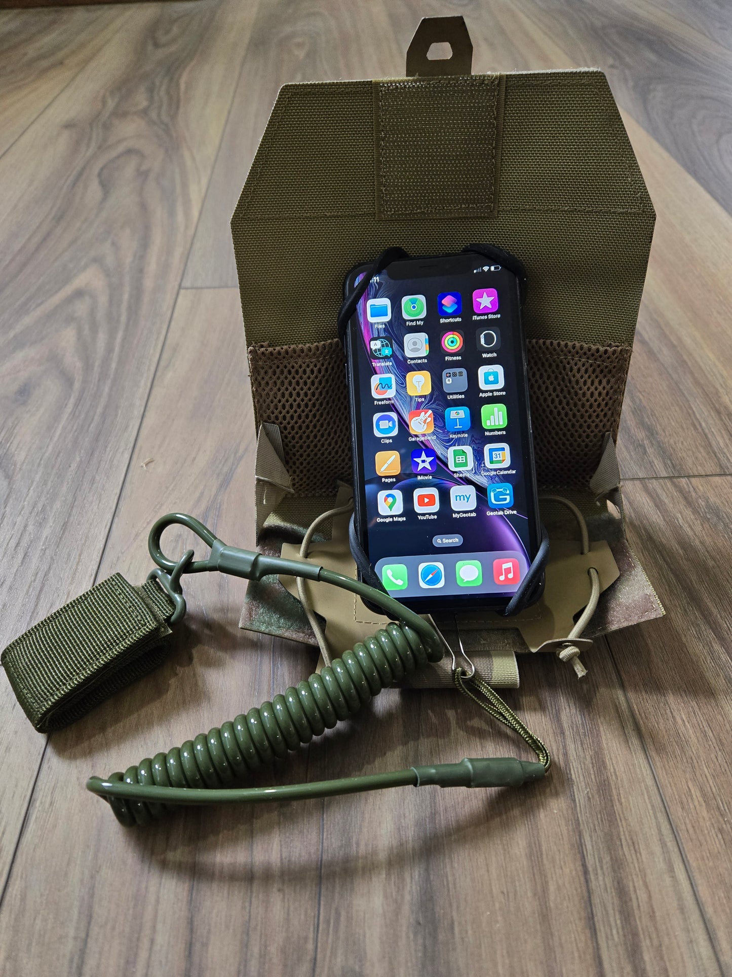 Tactical molle phone pouch with phone lanyard